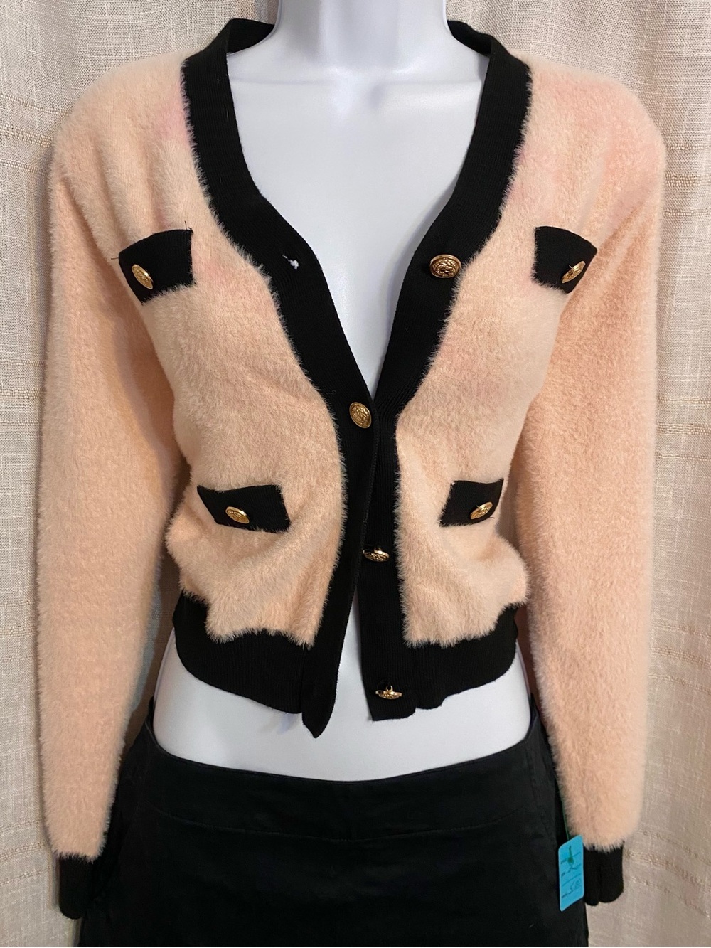 DAZY Fuzzy Contrast Trim Crop Cardigan Gold Crest Buttons Pink Black